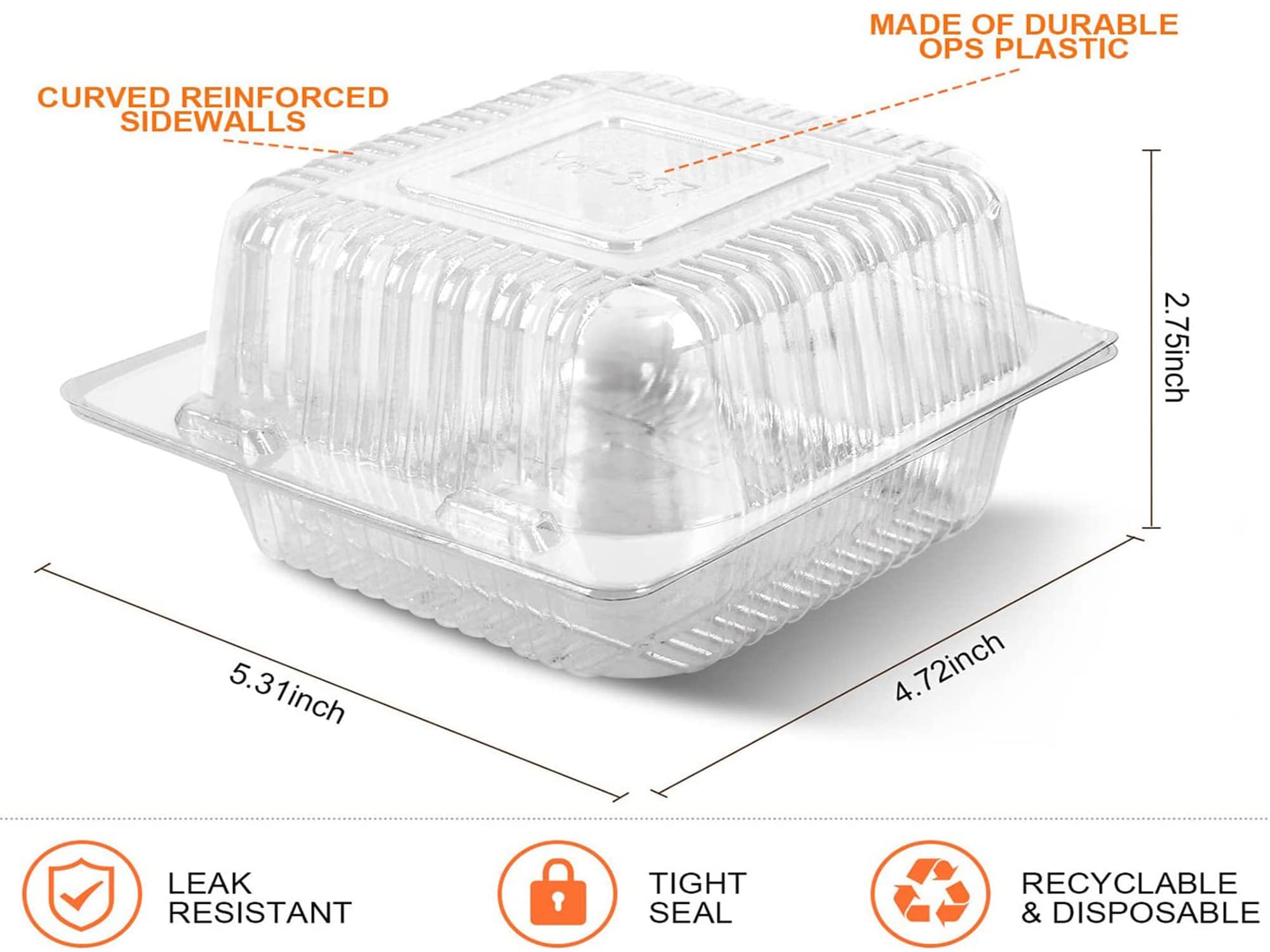 Axe Sickle 5 x 5 inch Clear Plastic Hinged Take Out Containers Clamshell Takeout Tray 50 Count Food Clamshell Containers for Dessert, Cakes, Cookies, Salads, Pasta, Sandwiches