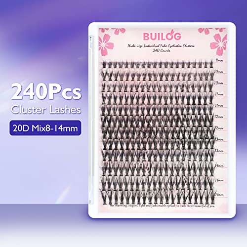 Cluster Lashes BUILOG Individual Eyelash Clusters 240Pcs 20D, False Eyelash DIY Lash Clusters Extension with Tweezer, Microbrush Stick, Mascara Wands Brush (Mix10-14mm)