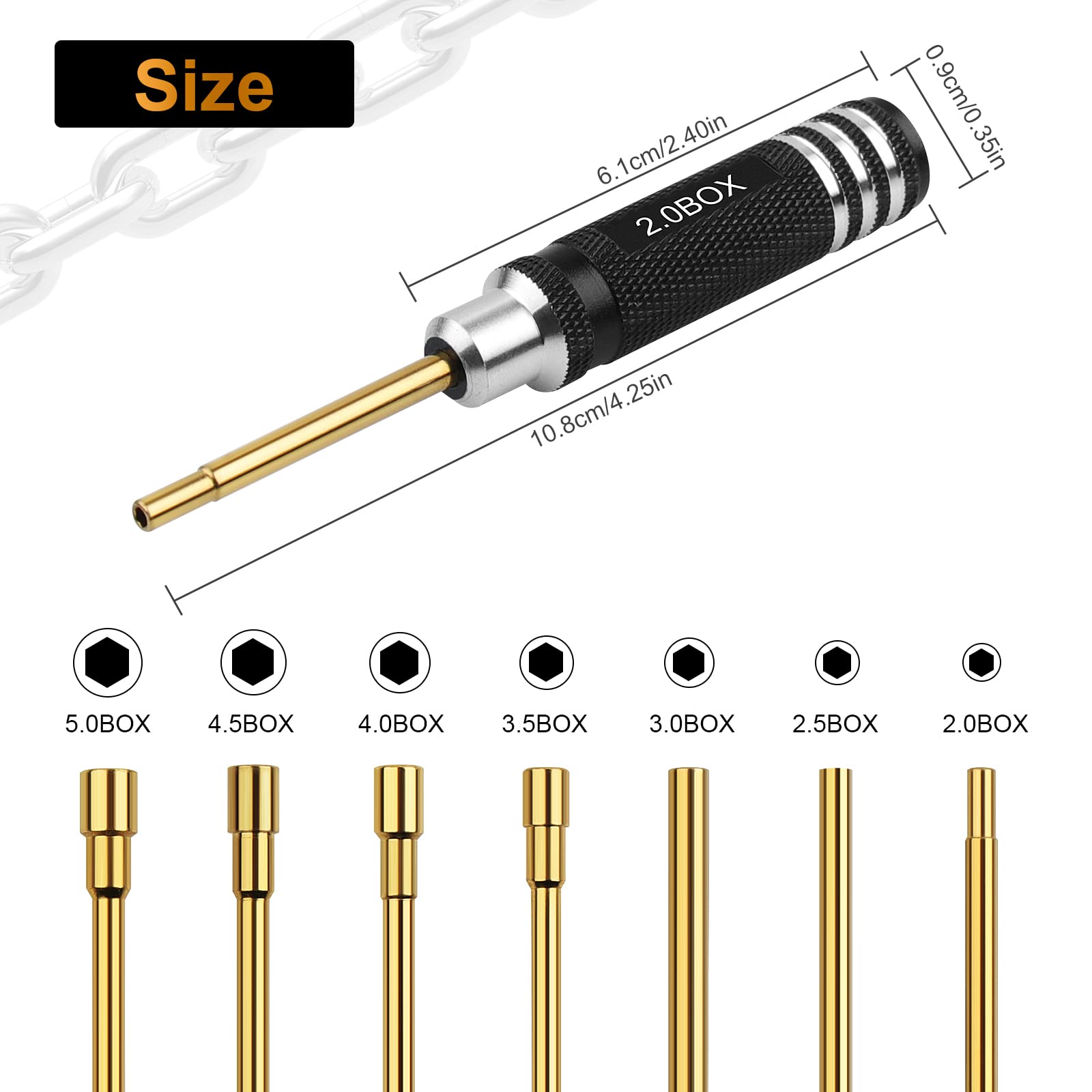 RC Tools Kit 7PCS Hex Nut Screwdriver Set with 5.0/4.5/4.0/3.5/3.0/2.5/2.0 Box Hobby Tools Hexagon Nut Wrench Repair Tools Compatible with SCX24 Traxxas Redcat RC Cars Trucks