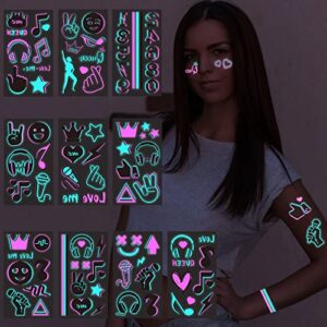 konsait 10 sheets glow in the dark tattoos for kids adults, safe and easy to use neon temporary music tattoos, music notes uv blacklight tattoos, glow in the dark party makeup supplies party favors