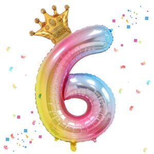 40 inch rainbow gradient number 6 & mini crown balloon for birthday party decorations, 6th birthday party decorations, baby shower anniversary balloons decorations supplies