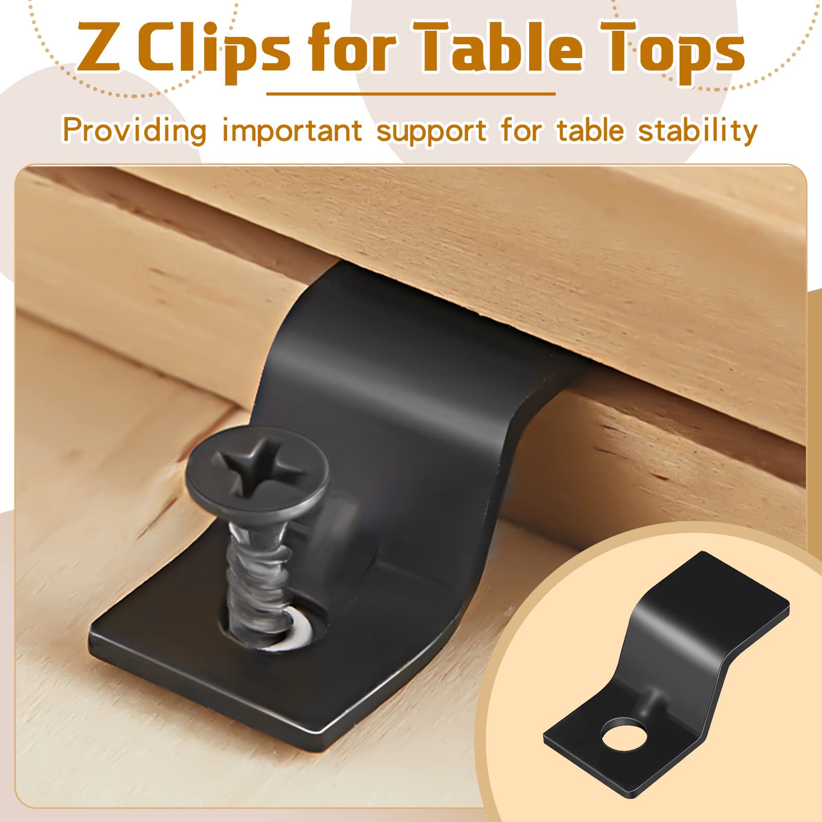 Ferraycle 100 Sets Table Top Fasteners with Screws Metal Z Clips for Table Tops Black Heavy Duty Z Table Top Connectors Solid Steel with 100 Black Screws for Desk Top Furniture