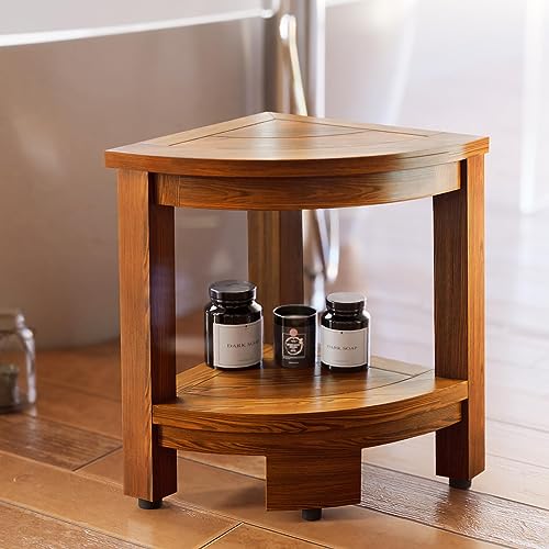 TEAKMAMA 16.5" Teak Corner Shower Bench for Shaving Legs,Corner Shower Stool with Shelf,Sturdy Teak Wood Seat Fits Nicely into Your Shower Corner - Space Saving,Waterproof,Easy to Assemble