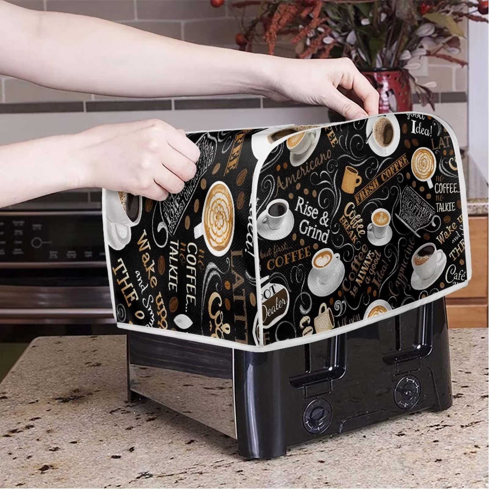 Mumeson Coffee Print Toaster Covers Kitchen Accessories Decor Bread Maker Oven Protector Covers 2 Slice Toaster Dust Proof Fingerprint Covers Kitchen Decoration