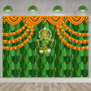 india pooja traditional backdrop for photography marigold green banana leaf chatiya ganesh traditional festival background puja ganpati wedding party decorations photo props (7x5ft)