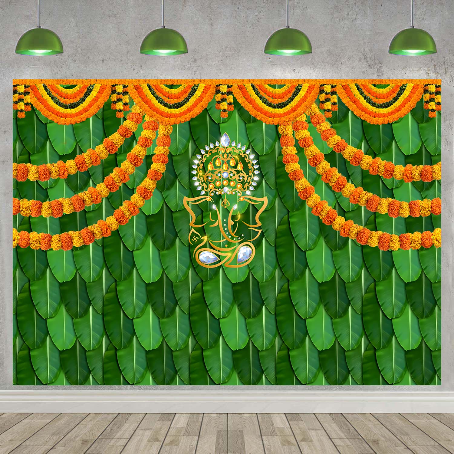 India Pooja Traditional Backdrop for Photography Marigold Green Banana Leaf Chatiya Ganesh Traditional Festival Background Puja Ganpati Wedding Party Decorations Photo Props (7x5FT)