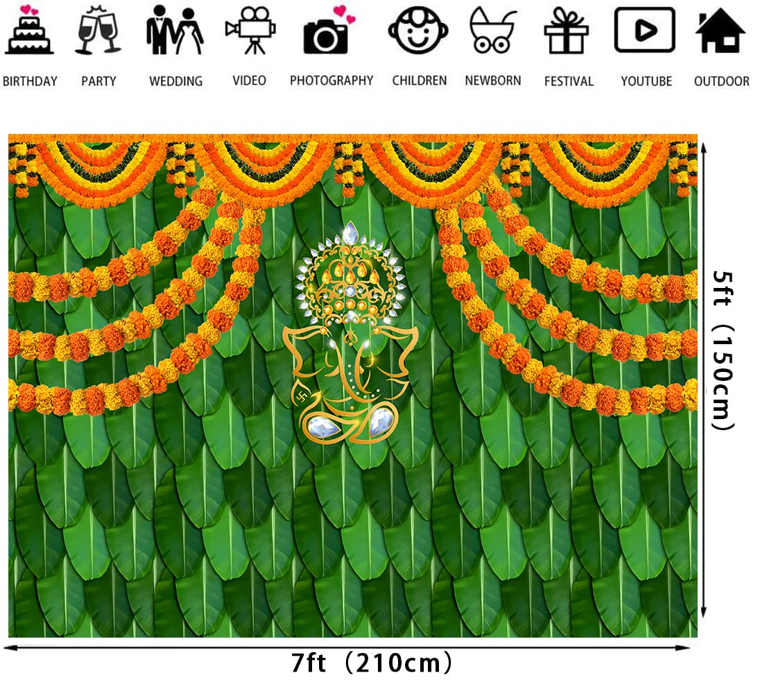 India Pooja Traditional Backdrop for Photography Marigold Green Banana Leaf Chatiya Ganesh Traditional Festival Background Puja Ganpati Wedding Party Decorations Photo Props (7x5FT)