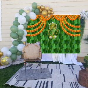 India Pooja Traditional Backdrop for Photography Marigold Green Banana Leaf Chatiya Ganesh Traditional Festival Background Puja Ganpati Wedding Party Decorations Photo Props (7x5FT)