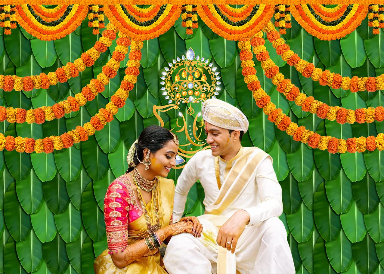 India Pooja Traditional Backdrop for Photography Marigold Green Banana Leaf Chatiya Ganesh Traditional Festival Background Puja Ganpati Wedding Party Decorations Photo Props (7x5FT)