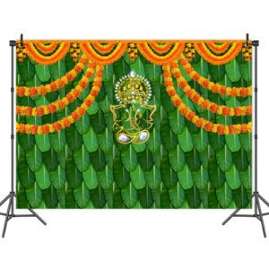 India Pooja Traditional Backdrop for Photography Marigold Green Banana Leaf Chatiya Ganesh Traditional Festival Background Puja Ganpati Wedding Party Decorations Photo Props (7x5FT)