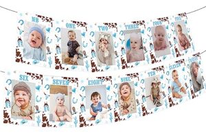 1st birthday monthly photo banner cowboy first rodeo birthday party decorations boy blue western cowboy monthly milestone photo display my first rodeo newborn to 12