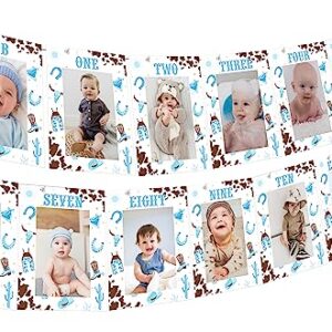1st Birthday Monthly Photo Banner Cowboy First Rodeo Birthday Party Decorations Boy Blue Western Cowboy Monthly Milestone Photo Display My First Rodeo Newborn to 12