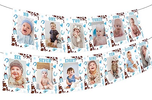 1st Birthday Monthly Photo Banner Cowboy First Rodeo Birthday Party Decorations Boy Blue Western Cowboy Monthly Milestone Photo Display My First Rodeo Newborn to 12