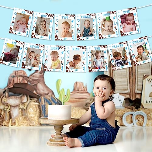 1st Birthday Monthly Photo Banner Cowboy First Rodeo Birthday Party Decorations Boy Blue Western Cowboy Monthly Milestone Photo Display My First Rodeo Newborn to 12