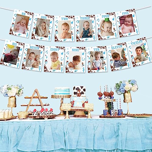 1st Birthday Monthly Photo Banner Cowboy First Rodeo Birthday Party Decorations Boy Blue Western Cowboy Monthly Milestone Photo Display My First Rodeo Newborn to 12