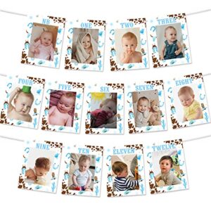 1st Birthday Monthly Photo Banner Cowboy First Rodeo Birthday Party Decorations Boy Blue Western Cowboy Monthly Milestone Photo Display My First Rodeo Newborn to 12