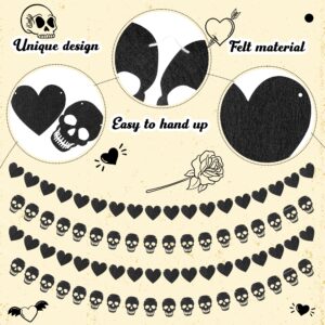 K1tpde 4PCS Gothic Black Heart Skull Garland Banner Kits Black Felt Heart Garland Banner for Valentines Black Felt Skull Garland Banner for Gothic Birthday Party Decorations Halloween Home Decor