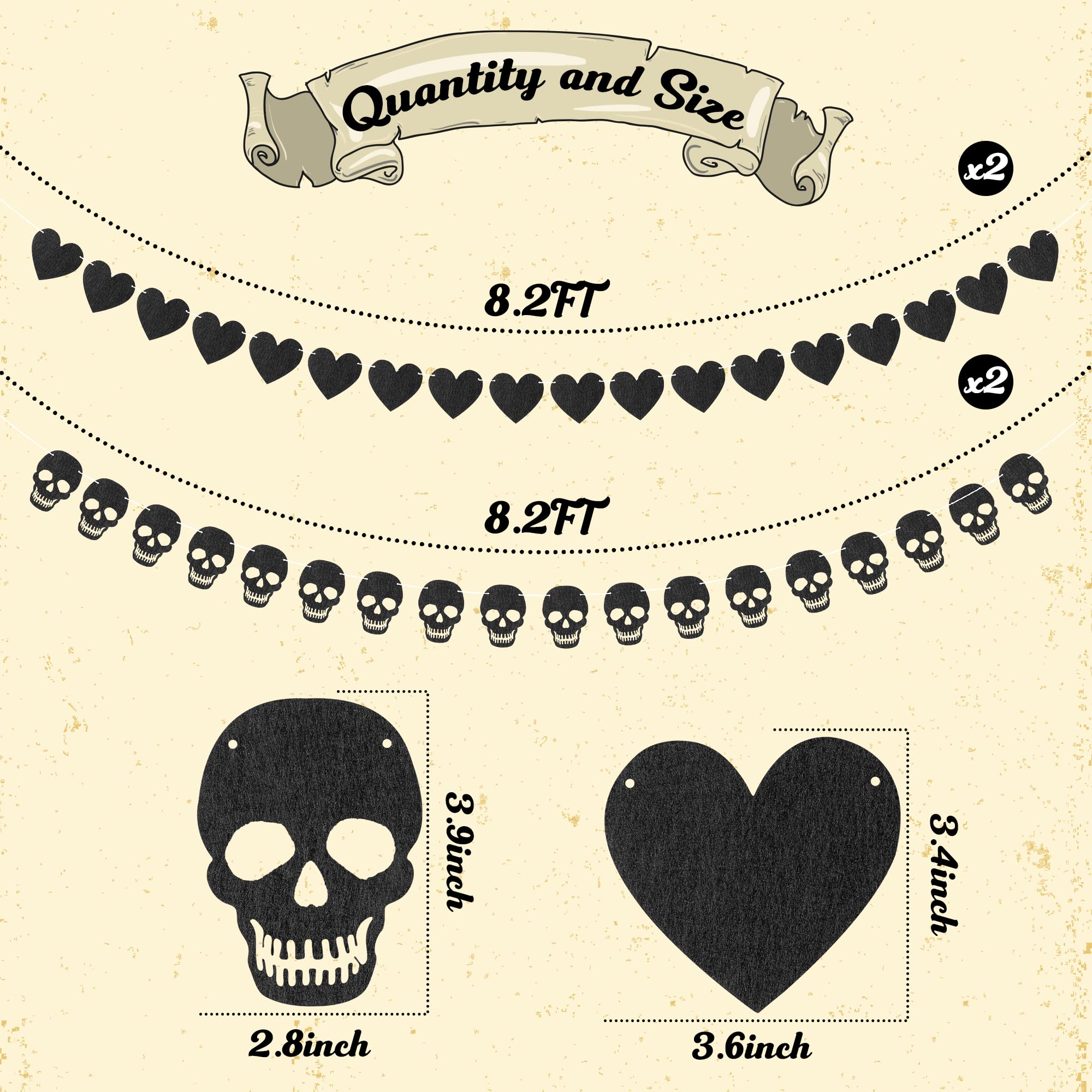 K1tpde 4PCS Gothic Black Heart Skull Garland Banner Kits Black Felt Heart Garland Banner for Valentines Black Felt Skull Garland Banner for Gothic Birthday Party Decorations Halloween Home Decor