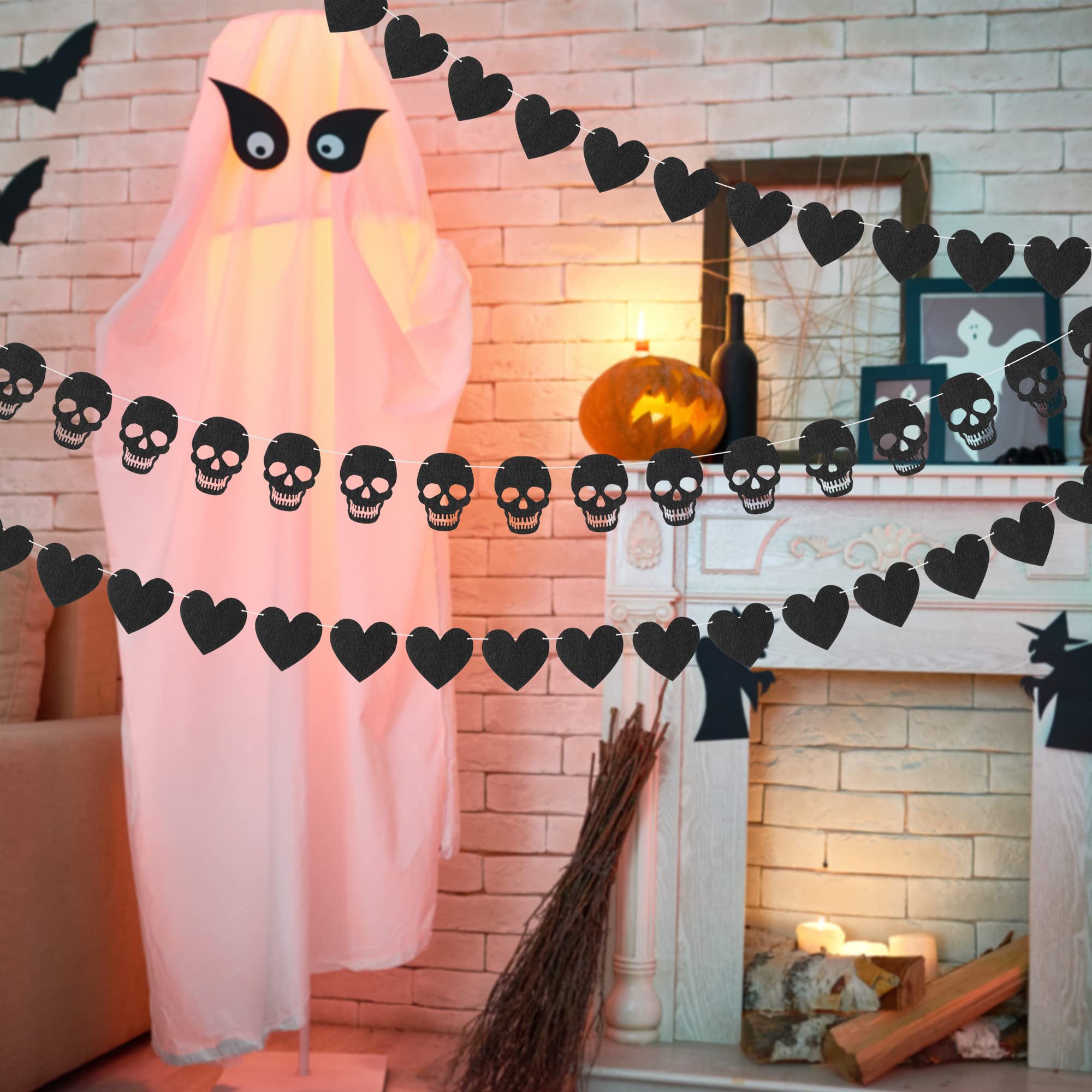 K1tpde 4PCS Gothic Black Heart Skull Garland Banner Kits Black Felt Heart Garland Banner for Valentines Black Felt Skull Garland Banner for Gothic Birthday Party Decorations Halloween Home Decor