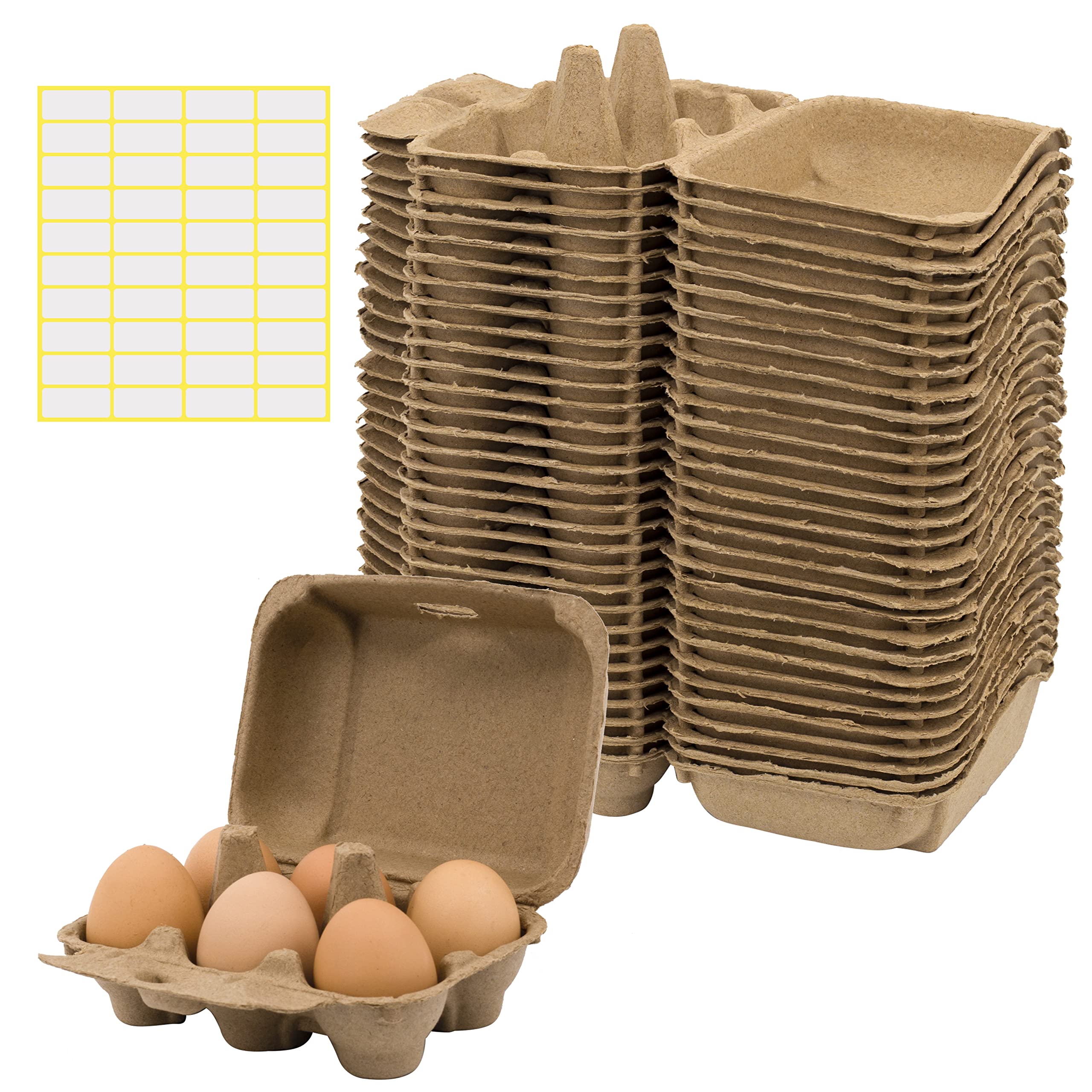 WISHOPE 40 Pieces Paper Egg Cartons for Chicken Eggs Pulp Fiber Egg Tray Holder Bulk Holds 6 Count Eggs Family Farm Market Travel Egg Storage Containers Included 40 Labels Brown