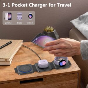 Travel Charger for Samsung Multi Devices, Foldable 3 in 1 Wireless Charging Station Fast Charging Stand/Pad Compatible for Samsung Galaxy S24Ultra/S23/S22/S21/Note20 Galaxy Watch6/5/4/3 Galaxy Buds