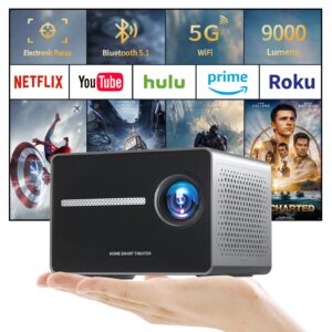 mini 5g wifi bluetooth projector, toperson portable home movie projector 1080p hd supported, 9000 lumens outdoor video projector with hdmi, usb, tv stick, smartphone, laptop, gaming, home theater