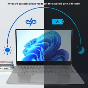 Yunseity 15.6in Laptop, 2K FHD Laptop for Windows 10, 12GB 256GB 4 Cores Portable Laptop Computer with Backlit Keyboard, Fingerprint Unlock Silver Laptop