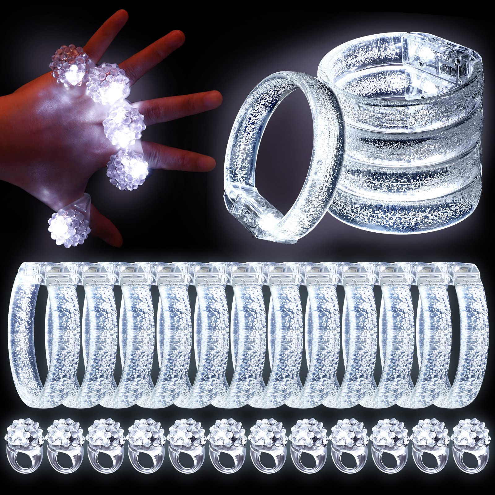 Wettarn 24 Pcs LED Light up Bracelets and LED Flashing Bumpy Rings Set with 12 Glow Bracelets 12 Jelly Bumpy Finger Rings Light up Rings Glow Rings LED Wristband for Wedding Bridal Shower Party Favors