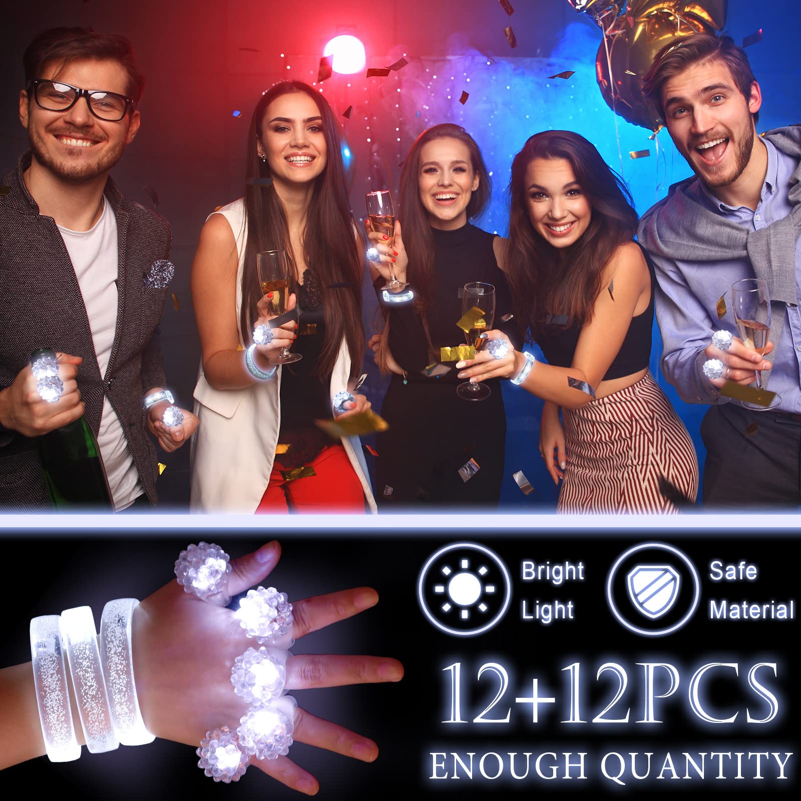 Wettarn 24 Pcs LED Light up Bracelets and LED Flashing Bumpy Rings Set with 12 Glow Bracelets 12 Jelly Bumpy Finger Rings Light up Rings Glow Rings LED Wristband for Wedding Bridal Shower Party Favors