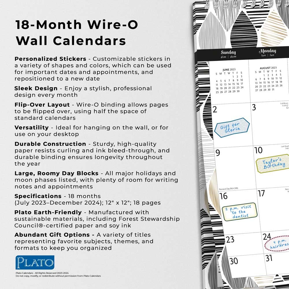 Ebony and Ivory | 2024 12 x 12 Inch 18 Months Monthly Square Wire-O Calendar | Sticker Sheet | July 2023 - December 2024 | Plato | Stationery Planning