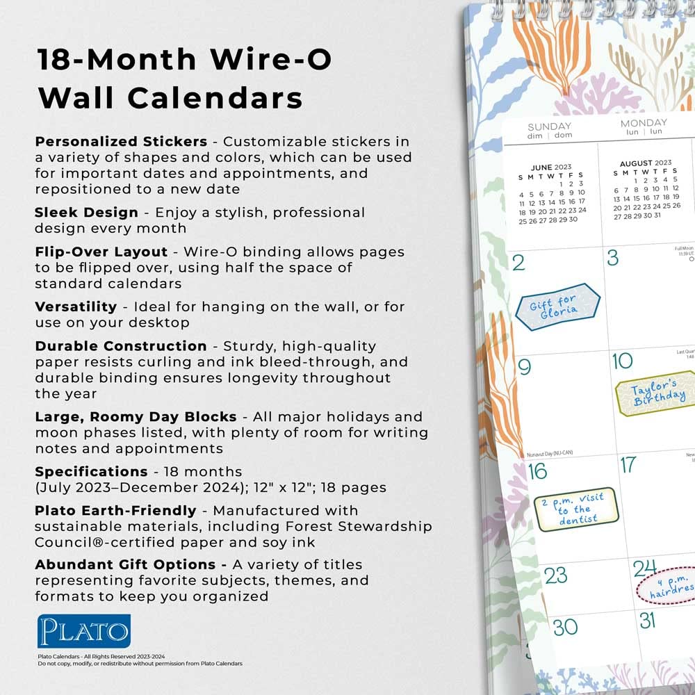 Seaside Currents | 2024 12 x 12 Inch 18 Months Monthly Square Wire-O Calendar | Sticker Sheet | July 2023 - December 2024 | Plato | Stationery Planning