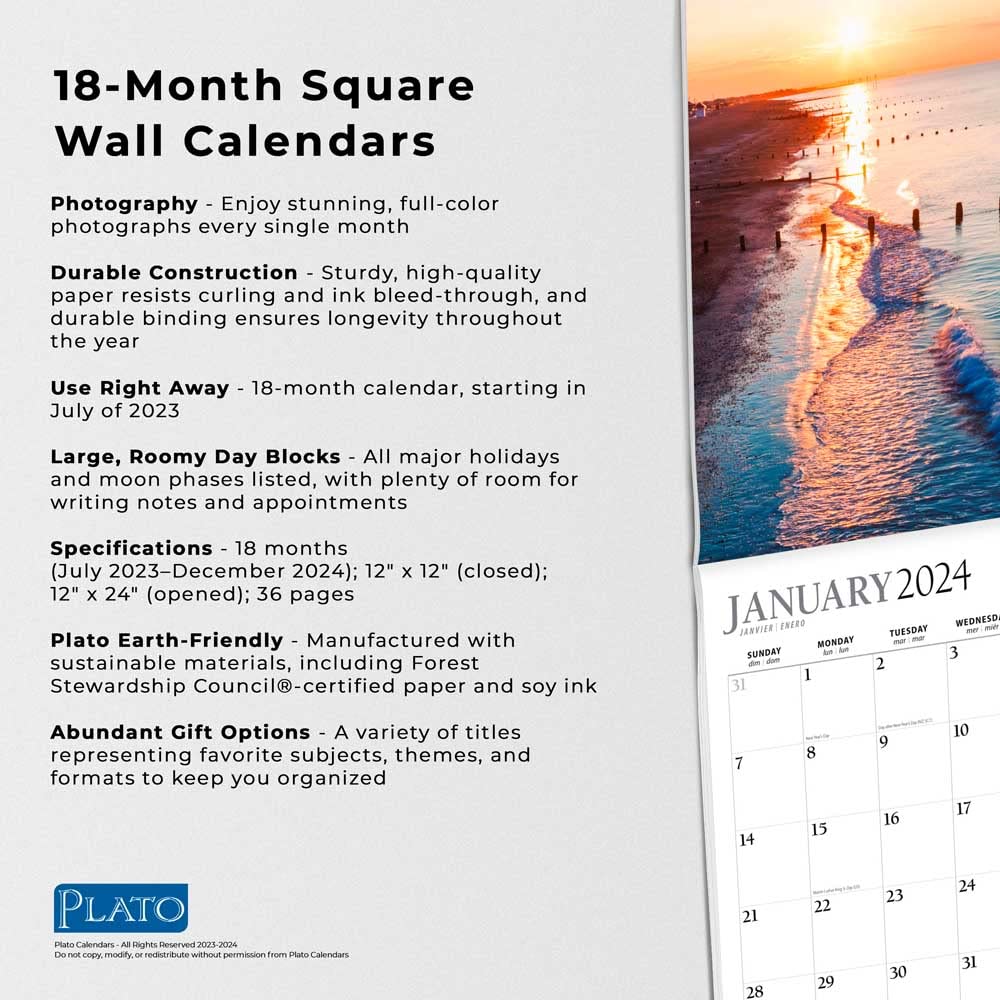 Beaches | 2024 12 x 24 Inch 18 Months Monthly Square Wall Calendar | Foil Stamped Cover | July 2023 - December 2024 | Plato | Travel Nature Tropical