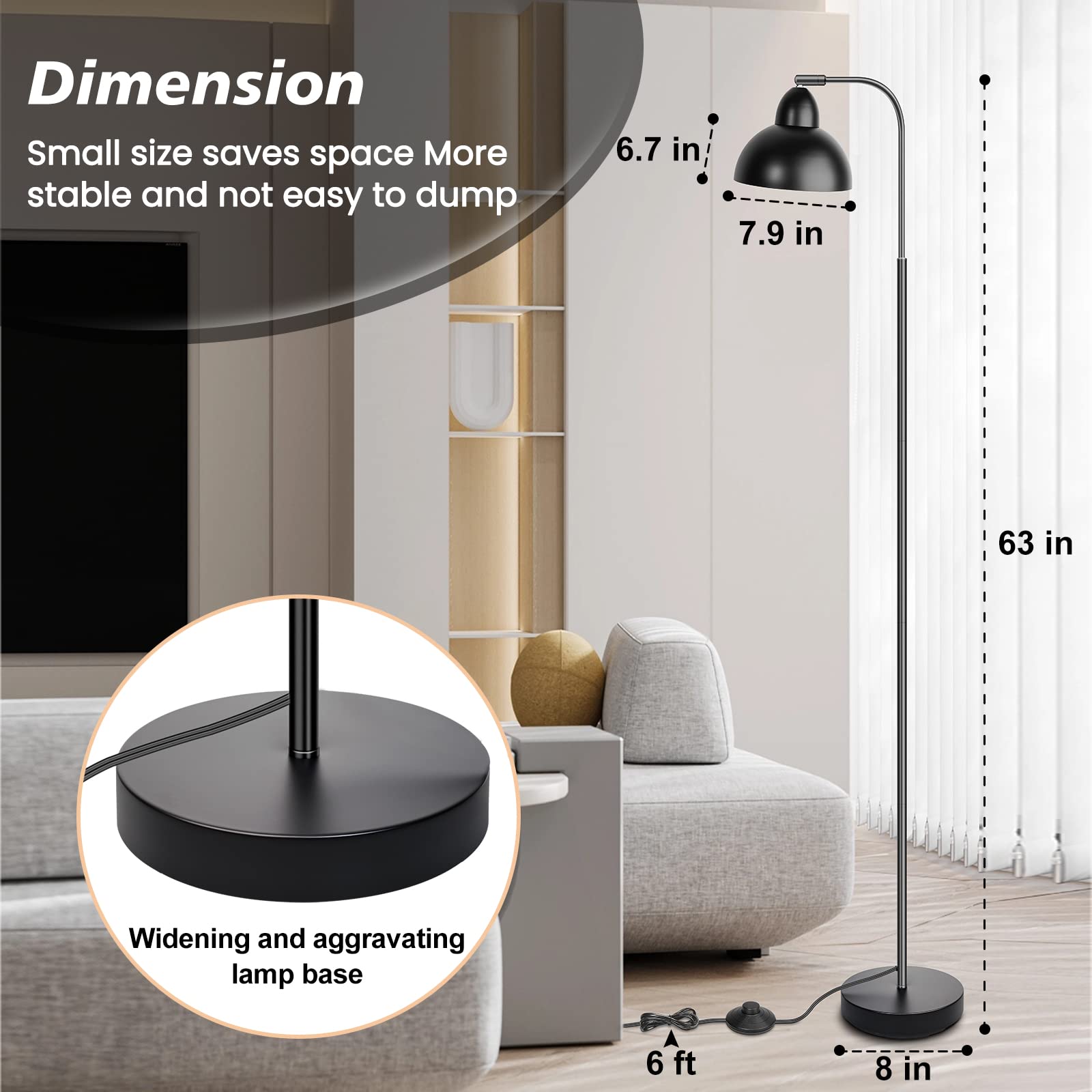 Feathmoo Industrial Floor Lamp with Black Metal Lampshade Floor Lamps for Reading, Minimalist Standing Lamps LED Light with 350° Adjustable Standard Tall Sofa Lamp for Living Room, Bedroom, Office