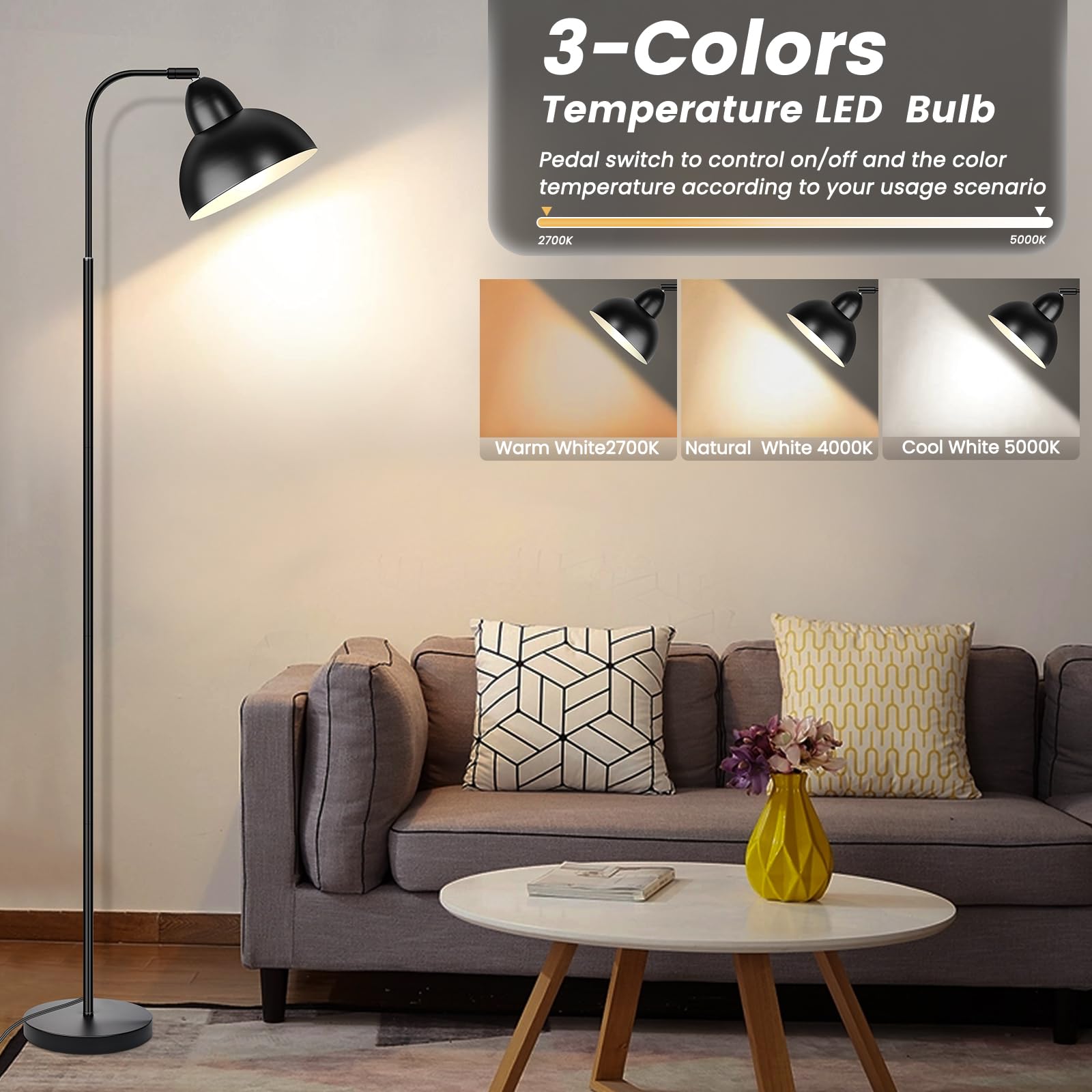 Feathmoo Industrial Floor Lamp with Black Metal Lampshade Floor Lamps for Reading, Minimalist Standing Lamps LED Light with 350° Adjustable Standard Tall Sofa Lamp for Living Room, Bedroom, Office