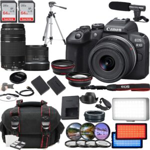 canon eos r10 mirrorless camera, including rf-s 18-45mm f/4.5-6.3 is stm, ef 75-300mm f/4-5.6 iii lenses, 2x 64gb memory cards, microphone, led video light & more (35pc bundle)