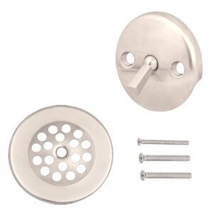 trip lever tub trim kit set with two hole overflow face plate, trip lever bathtub drain with strainer, overflow and matching screws - brushed nickel