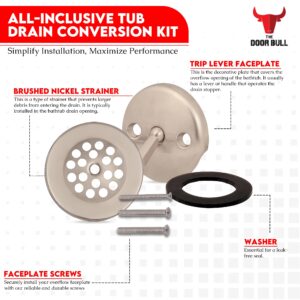 Trip Lever Tub Trim Kit Set with Two Hole Overflow Face Plate, Trip Lever Bathtub Drain with Strainer, Overflow and Matching Screws - Brushed Nickel