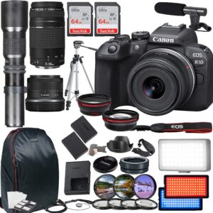 canon eos r10 mirrorless camera, including rf-s 18-45mm f/4.5-6.3 is stm, ef 75-300mm f/4-5.6 iii & 500mm f/8 focus lenses, 2x 64gb memory cards, microphone, led video light & more (35pc bundle)
