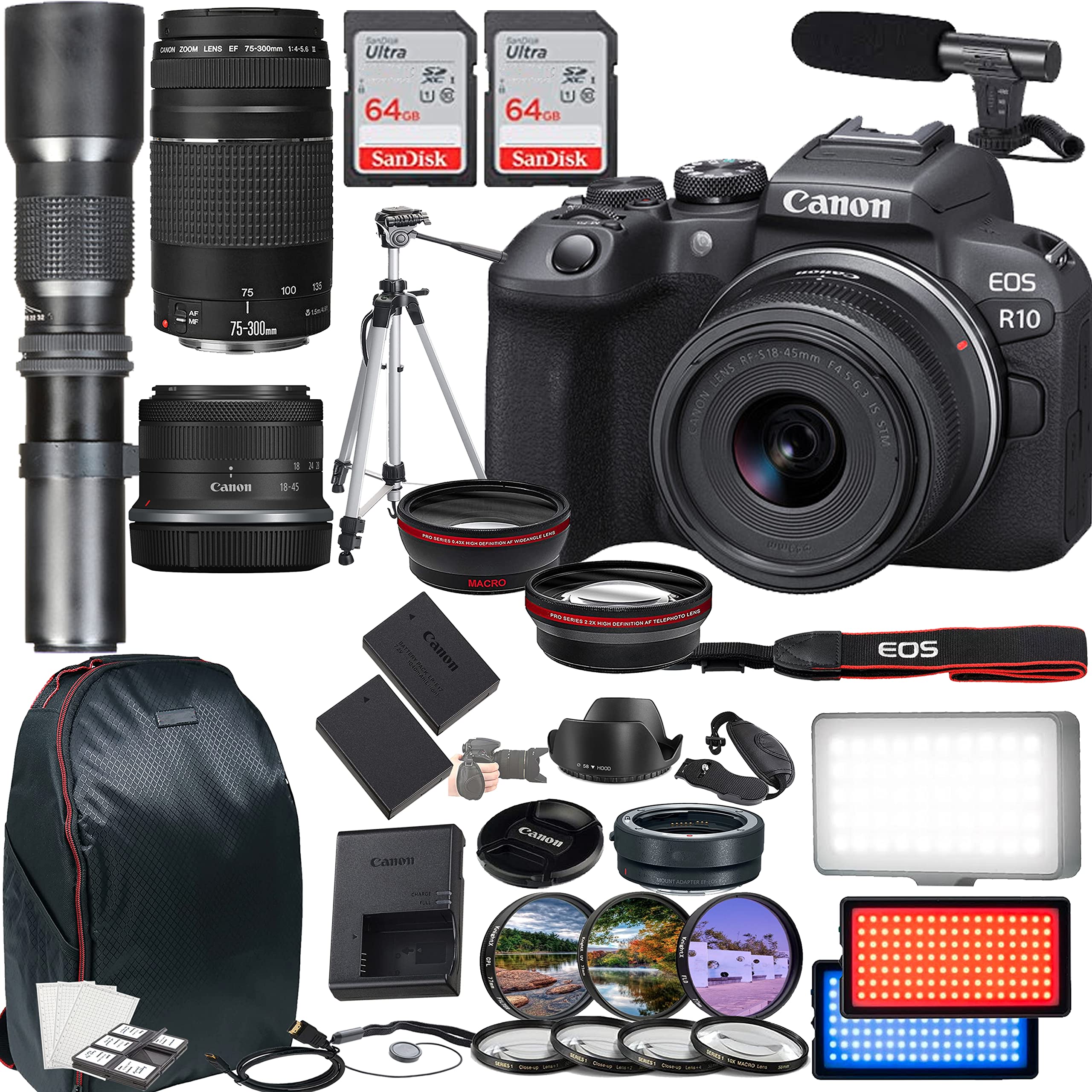 Canon EOS R10 Mirrorless Camera, Including RF-S 18-45mm f/4.5-6.3 is STM, EF 75-300mm f/4-5.6 III & 500mm f/8 Focus Lenses, 2X 64GB Memory Cards, Microphone, LED Video Light & More (35pc Bundle)