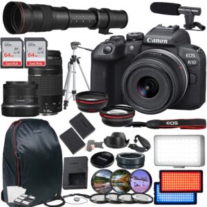 canon eos r10 mirrorless camera, including rf-s 18-45mm f/4.5-6.3 is stm, ef 75-300mm f/4-5.6 iii & 420-800mm f/8.3 hd lenses, 2x 64gb memory cards, microphone, led video light & more (35pc bundle)