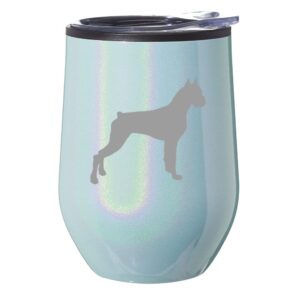 stemless wine tumbler coffee travel mug glass with lid gift boxer dog (blue glitter)