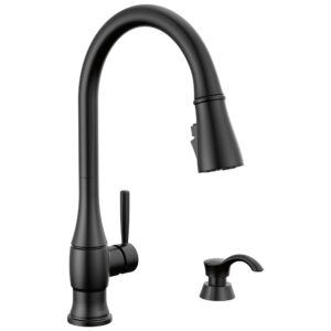 delta faucet hazelwood black kitchen faucet with soap dispenser, kitchen faucets with pull down sprayer, kitchen sink faucet with magnetic docking spray head, matte black 19831z-blsd-dst