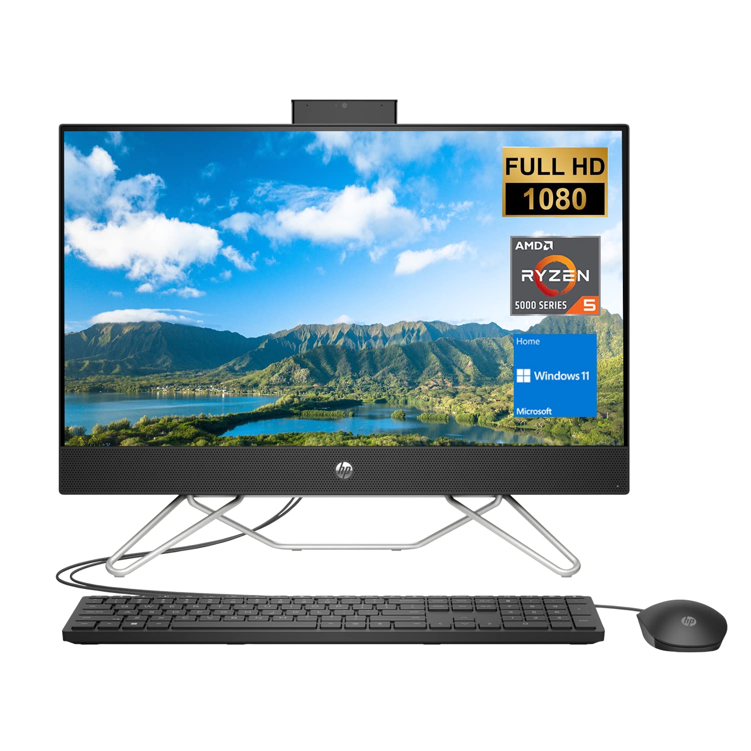 HP All-in-One Desktop, 23.8" FHD Screen, AMD Ryzen 5 5500U Processor, 64GB RAM, 2TB PCIe SSD, Webcam, HDMI, RJ45, Wi-Fi, Wired Keyboard & Mouse, Windows 11 Home, Black