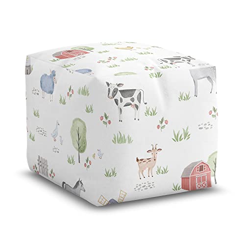 Sweet Jojo Designs Farm Animals Boy Girl Ottoman Pouf Cover Unstuffed Poof Floor Footstool Square Cube Pouffe Storage Baby Nursery Kids Room Gender Neutral Watercolor Farmhouse Barn Horse Nature White