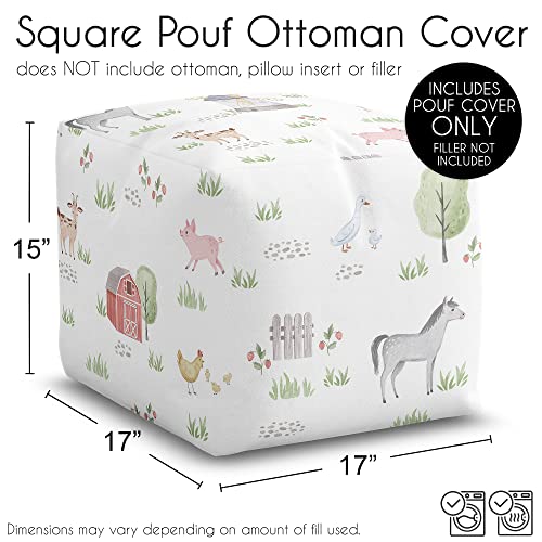 Sweet Jojo Designs Farm Animals Boy Girl Ottoman Pouf Cover Unstuffed Poof Floor Footstool Square Cube Pouffe Storage Baby Nursery Kids Room Gender Neutral Watercolor Farmhouse Barn Horse Nature White