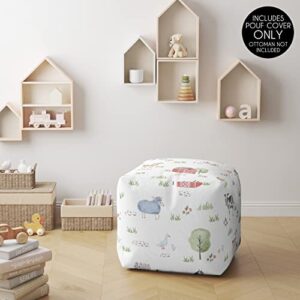 Sweet Jojo Designs Farm Animals Boy Girl Ottoman Pouf Cover Unstuffed Poof Floor Footstool Square Cube Pouffe Storage Baby Nursery Kids Room Gender Neutral Watercolor Farmhouse Barn Horse Nature White