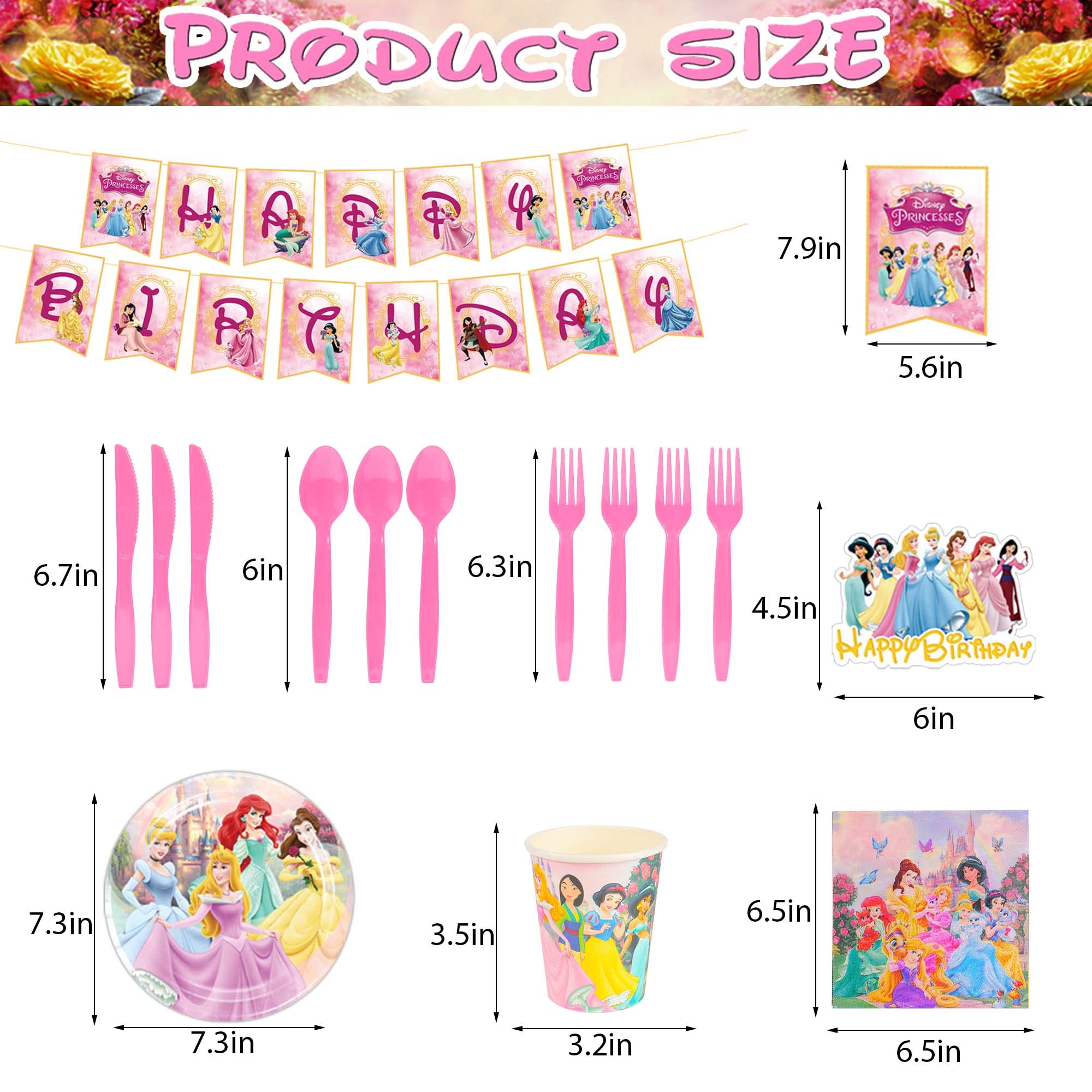 Princess Birthday Party Supplies for 24 Guests, Princess Birthday Decoration Include Happy Birthday Banner, Balloons, Aluminum film balloon, Backdrop, Cake Topper, Tableware, Hanging decoration