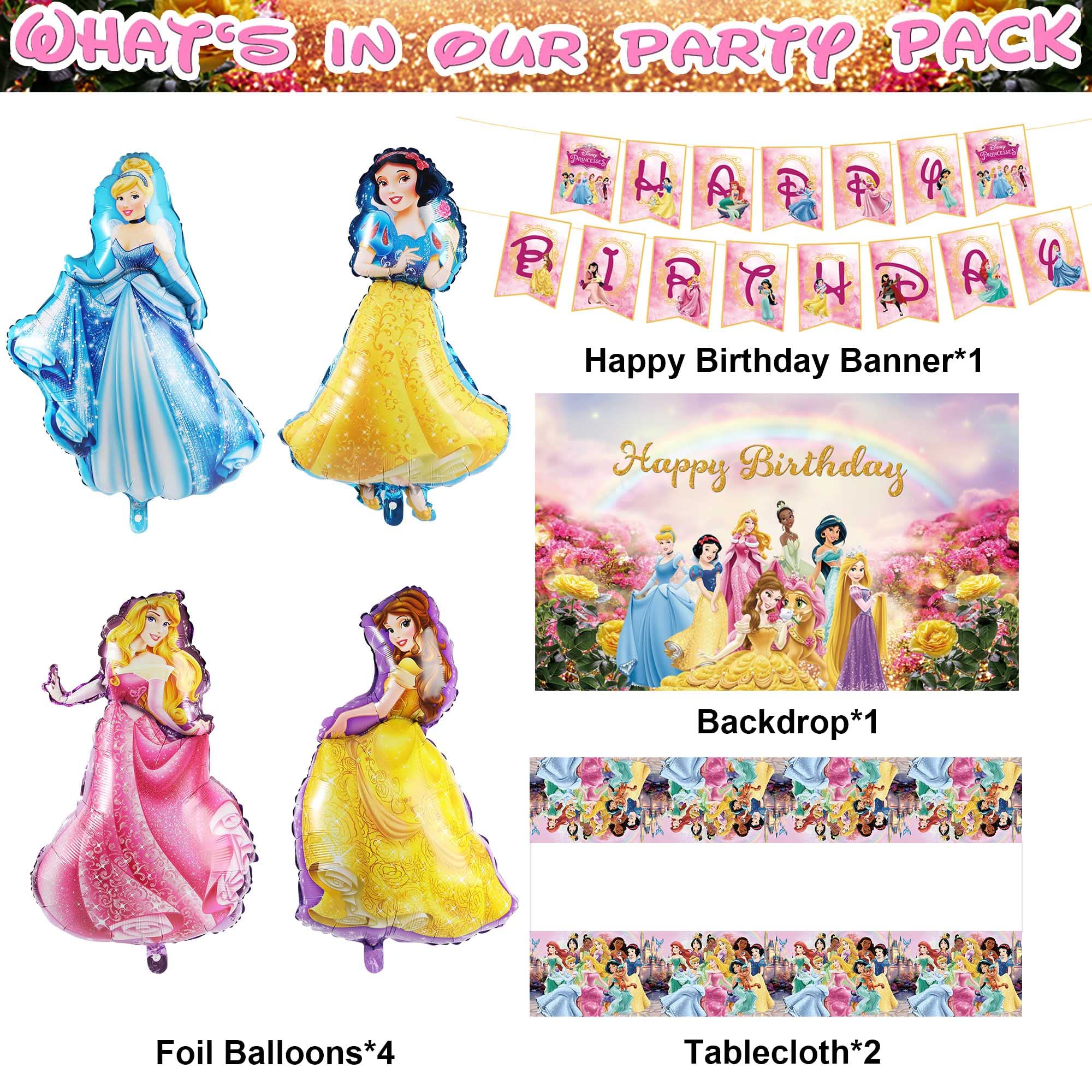 Princess Birthday Party Supplies for 24 Guests, Princess Birthday Decoration Include Happy Birthday Banner, Balloons, Aluminum film balloon, Backdrop, Cake Topper, Tableware, Hanging decoration