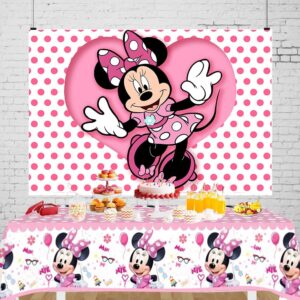 pink mouse backdrop and mouse tablecloth for girls birthday party decorations mouse birthday party photography background banner with table covers for girls baby shower party supplies (6x4ft)