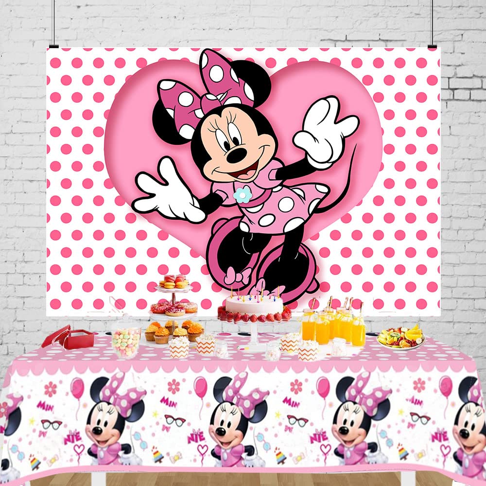 Pink Mouse Backdrop and Mouse Tablecloth for Girls Birthday Party Decorations Mouse Birthday Party Photography Background Banner with Table Covers for Girls Baby Shower Party Supplies (6x4ft)